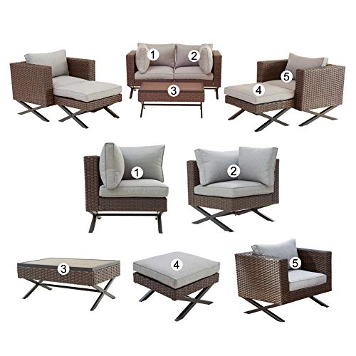 Festival Depot 7pcs Outdoor Furniture Patio Conversation Set Sectional Sofa Chairs with X Shaped Metal Leg All Weather Brown Rattan Wicker Ottoman Coffee Table with Grey Thick Seat Back Cushions