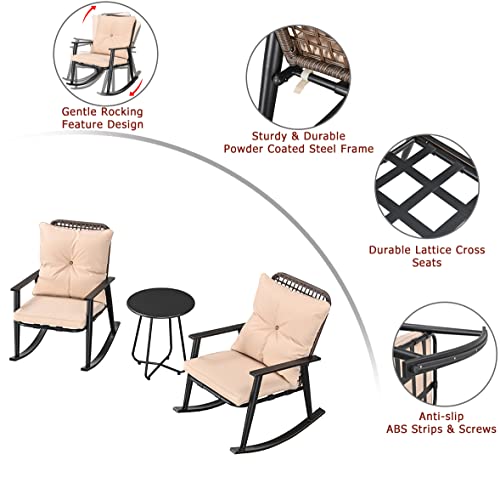 Festival Depot 3 Pcs Patio Bistro Set PE Wicker Conversation Set, Rocking Chairs Outdoor Furniture with Cushions Metal Side Coffee Table for Backyard Porch Balcony Outside Poolside Lawn (Beige)