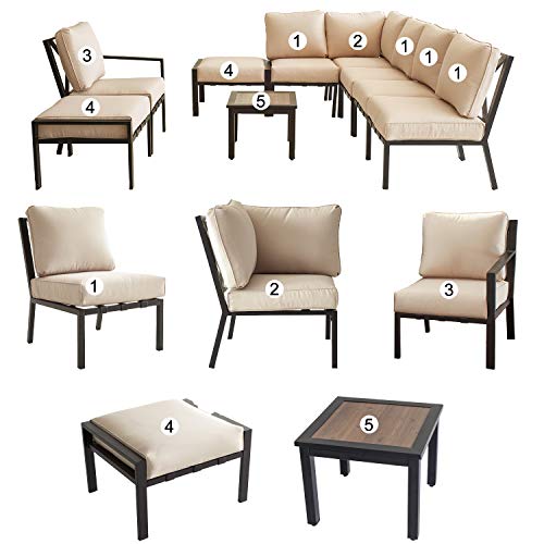 Festival Depot 9-Pieces Patio Outdoor Furniture Conversation Sets Sectional Corner Sofa, All-Weather Black X Slatted Back Chairs with Coffee Side Table and Thick Soft Removable Couch Cushions (Beige)