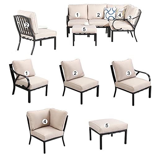 Festival Depot 6 Pieces Patio Conversation Set Sectional Corner Chair Ottoman with Thick Cushions and Side Coffee Table All Weather Metal Outdoor Furniture for Garden Deck, Beige