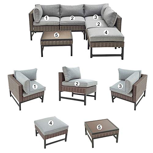 Festival Depot 6 Pieces Patio Outdoor Furniture Conversation Sets Chairs Sectional Corner Sofa, All-Weather Black Slatted Back with Coffee Square Table and Thick Soft Removable Couch Cushions (Grey)