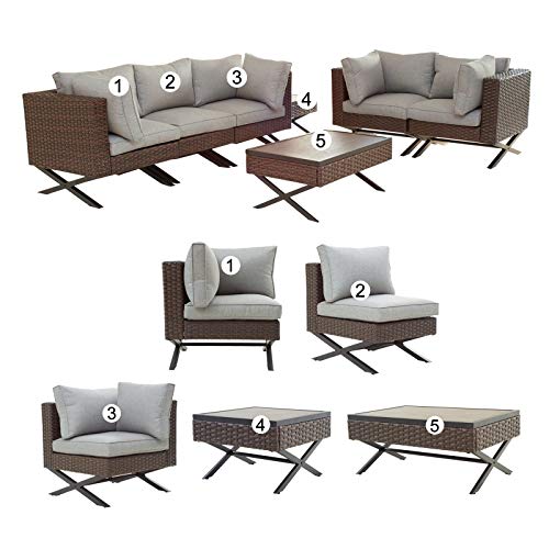 Festival Depot 7pcs Outdoor Furniture Patio Conversation Set Sectional Corner Sofa Chairs with X Shaped Metal Leg All Weather Brown Rattan Wicker Side Coffee Table with Grey Seat Back Cushions