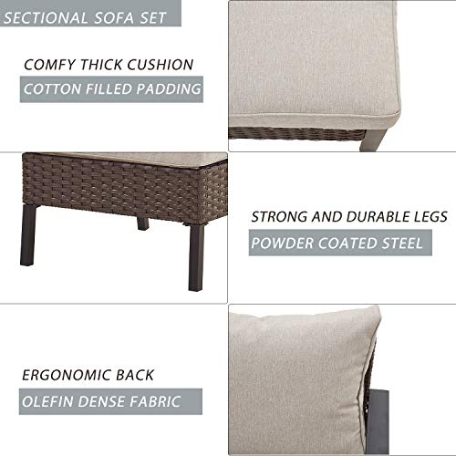 Festival Depot 7 Pieces Patio Conversation Set Outdoor Furniture Sectional Corner Sofa with All-Weather Brown PE Wicker Back Chair, Coffee Table, Ottoman and Thick Soft Removable Couch Cushions