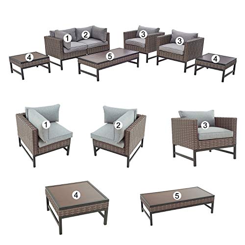 Festival Depot 7 Pieces Outdoor Furniture Patio Conversation Set Combination Sectional Sofa Loveseat All-Weather Woven Wicker Metal Armchairs with Seating Back Cushions Side Coffee Table,Gray