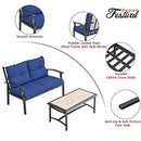 Festival Depot 2 Pcs Patio Bistro Set Conversation Set with Coffee Table Outdoor Furniture Loveseat Armchair with Hand-Woven Textilene Rope Backrest (Black Metal Frame with Blue Cushion)