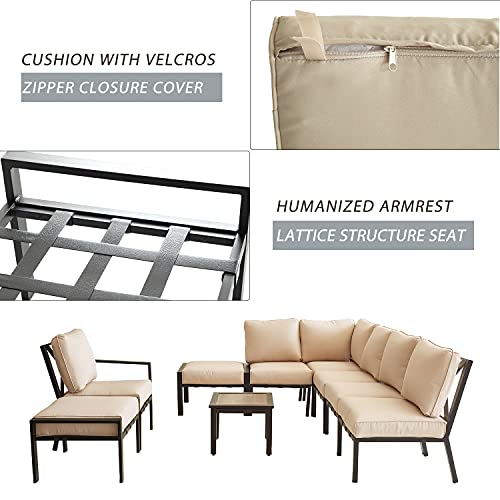 Festival Depot 9-Pieces Patio Outdoor Furniture Conversation Sets Sectional Corner Sofa, All-Weather Black X Slatted Back Chairs with Coffee Side Table and Thick Soft Removable Couch Cushions (Beige)