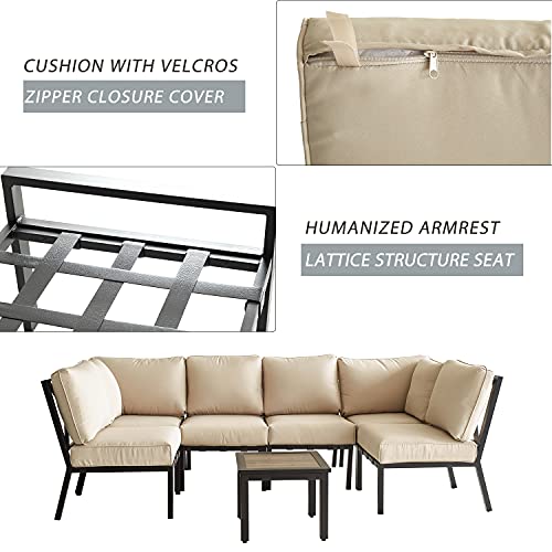 Festival Depot 7-Pieces Patio Conversation Sets Outdoor Furniture Sectional Corner Sofa, All-Weather Black Slatted Back Chairs with Coffee Table and Thick Soft Removable Couch Cushions (Beige)