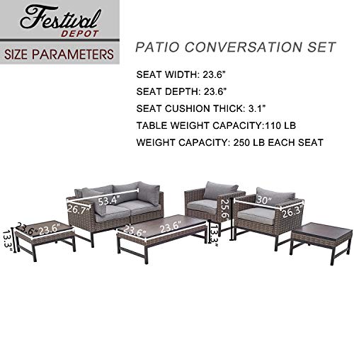 Festival Depot 7 Pieces Outdoor Furniture Patio Conversation Set Combination Sectional Sofa Loveseat All-Weather Woven Wicker Metal Armchairs with Seating Back Cushions Side Coffee Table,Gray