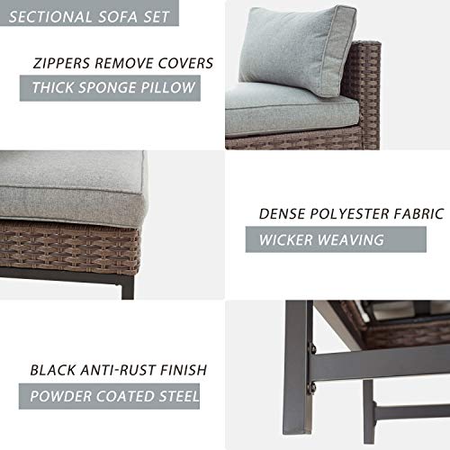 Festival Depot 6 Pieces Patio Outdoor Furniture Conversation Sets Chairs Sectional Corner Sofa, All-Weather Black Slatted Back with Coffee Square Table and Thick Soft Removable Couch Cushions (Grey)