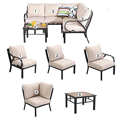 Festival Depot 6 Pcs Patio Conversation Set Sectional Corner Chair with Thick Cushions and Side Table All Weather Metal Outdoor Furniture for Deck Poolside, Beige