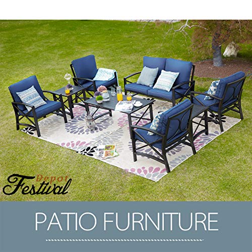 Festival Depot Outdoor Furniture Patio Conversation Set Metal Bistro Table Coffee Table Loveseat Armchairs with Seat and Back Cushions Without Pillows for Lawn Beach Backyard Pool