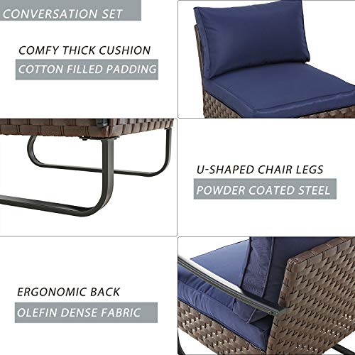 Festival Depot 7 Pieces Patio Conversation Sets Outdoor Furniture Sectional Sofa, All-Weather PE Rattan Brown Wicker Back Chair with Coffee Table, Ottoman and Thick Soft Removable Couch Cushions(Blue)