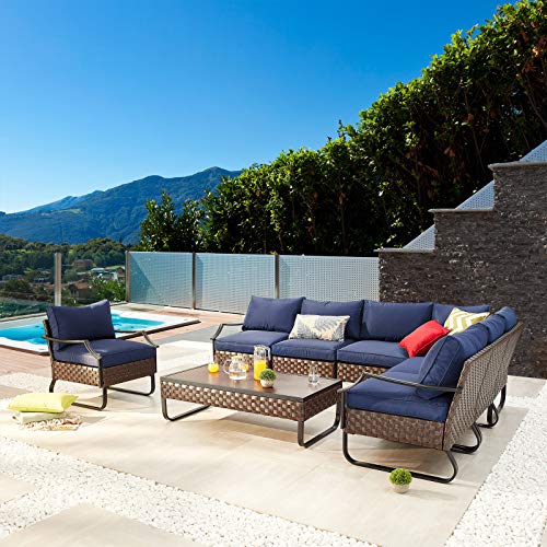 Festival Depot 8 Pcs Patio Conversation Sets Outdoor Furniture Sectional Corner Sofa Loveseat with All-Weather PE Rattan Wicker Chair,Coffee Table and Soft Removable Couch Cushions (Blue)