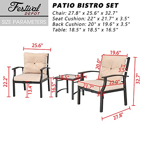 Festival Depot 3-Piece Patio Bistro Set Conversation Set Armchair Set with Side Coffee Table Outdoor Furniture with Hand-Woven Textilene Rope Backrest (Black Metal Frame with Beige Cushion)