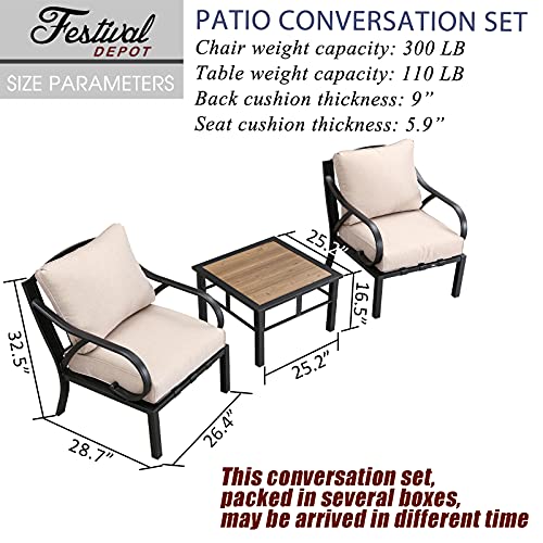 Festival Depot 3pcs Patio Bistro Set Metal Armchairs with Cushions and Side Table All Weather Outdoor Furniture for Garden Balcony, Beige