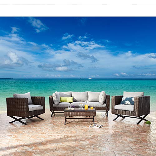 Festival Depot 6 Piece Patio Outdoor Furniture Conversation Set Wicker Rattan Armchair Corner Sofa and Coffee Table X Shaped Slatted Steel Leg for Porch Lawn Garden Balcony Pool Backyard (Grey)