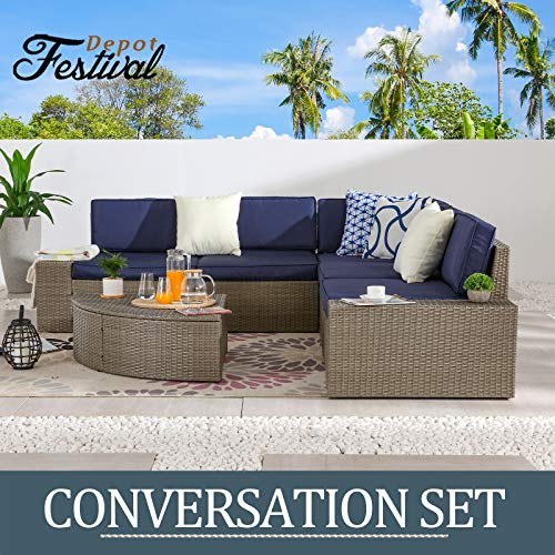 Festival Depot 6Pcs Outdoor Furniture Patio Conversation Set Sectional Rattan PE Wicker Sofa Set Corner Armless Chair Including Seat and Back Cushions with Washable Cover and Coffee Table