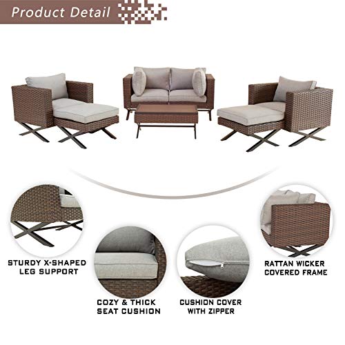 Festival Depot 7pcs Outdoor Furniture Patio Conversation Set Sectional Sofa Chairs with X Shaped Metal Leg All Weather Brown Rattan Wicker Ottoman Coffee Table with Grey Thick Seat Back Cushions