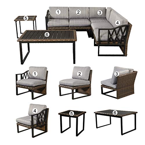 Festival Depot 7pcs Outdoor Furniture Patio Conversation Set Sectional Corner Sofa Chairs All Weather Brown Rattan Wicker Slatted Coffee Table End Table with Grey Thick Seat Back Cushions, Black