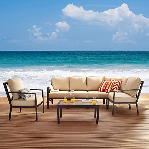 Festival Depot 7-Pieces Patio Outdoor Furniture Conversation Sets Sectional Corner Sofa, All-Weather Black X Shaped Slatted Back Chairs with Coffee Table and Removable Thick Soft Couch Cushions(Beige)