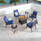 Festival Depot 7 Pcs Outdoor Fire Pit Table Set, Patio Conversation Set, Square Propane Gas Table, 4 PE Wicker Armchairs w/Cushions and 2 Side Table Metal Furniture (Blue)