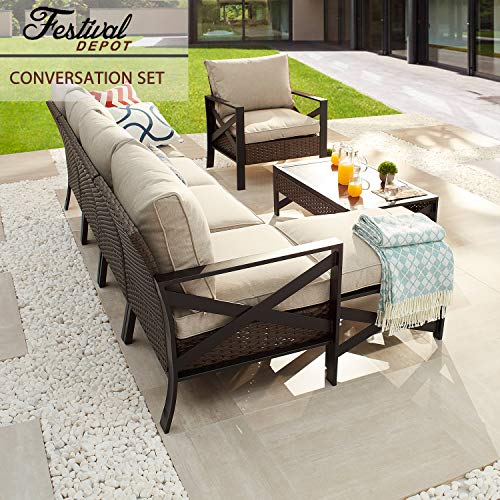 Festival Depot 7 Pieces Patio Conversation Set Outdoor Furniture Sectional Sofa with All-Weather Brown PE Wicker Back Armchair, Coffee Table, Ottoman and Thick Soft Removable Couch Cushions