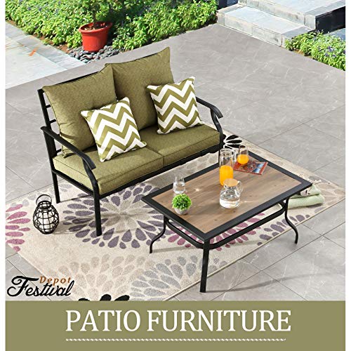 Festival Depot 2 Pieces Patio Set Loveseat with Seat Back Cushions and Pillows and Coffee Table Outdoor Furniture Metal Conversation Set for Garden Backyard Porch