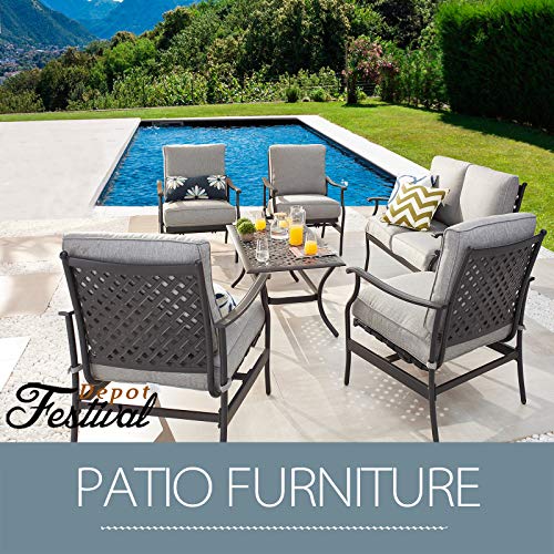 Festival Depot 4Pcs Outdoor Furniture Patio Conversation Set All Weather Black Metal Armchair Loveseat with Seat and Back Cushions, 3-Seating Chair, Rectangle Coffee Tables for Deck Lawn Garden