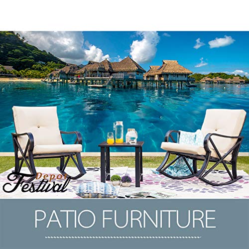 Festival Depot 3-Piece Patio Outdoor Rocking Chairs Wicker Rattan Bistro Furniture Conversation Sets with Coffee Table and Thick Blue Cushions for Porch Lawn Garden Balcony Pool Backyard