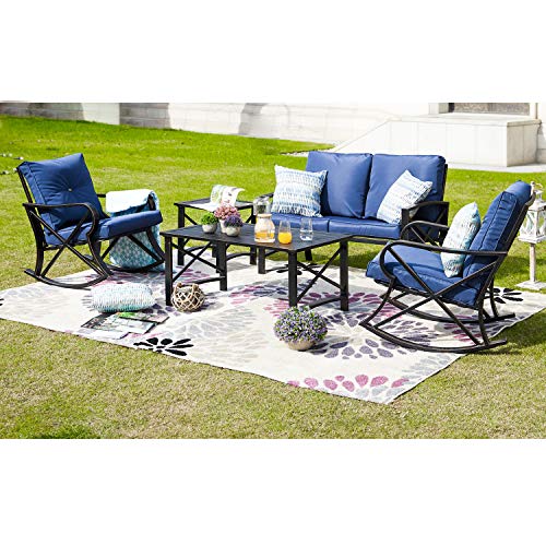 Festival Depot Outdoor Furniture Patio Conversation Set Metal Bistro Table Coffee Table Loveseat Armchairs with Seat and Back Cushions Without Pillows for Lawn Beach Backyard Pool