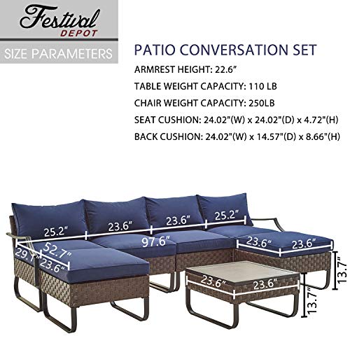 Festival Depot 7 Pieces Patio Conversation Sets Outdoor Furniture Sectional Sofa, All-Weather PE Rattan Brown Wicker Back Chair with Coffee Table, Ottoman and Thick Soft Removable Couch Cushions(Blue)