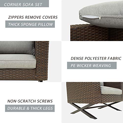 Festival Depot 3 Pieces Patio Conversation Set Sectional Corner Sofa Combination X-Shaped Legs Outdoor All-Weather Wicker Metal Armless Chairs with Seating Back Cushions Garden Deck Poolside