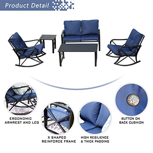 Festival Depot Outdoor Furniture Patio Conversation Set Metal Bistro Table Coffee Table Loveseat Armchairs with Seat and Back Cushions Without Pillows for Lawn Beach Backyard Pool