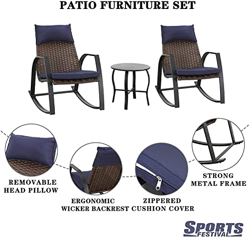 Sports Festival 3-Piece Outdoor Rattan Bistro Chair Set Patio Furniture, 2 Rocking Armchair with Woven Wicker Seat, Cushions and Metal Side Table for Garden, Lawn, Porch, Yard, and Balcony