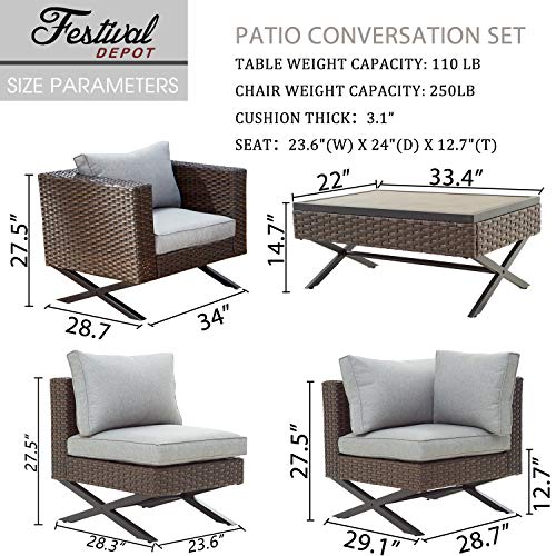 Festival Depot 6 Piece Patio Outdoor Furniture Conversation Set Wicker Rattan Armchair Corner Sofa and Coffee Table X Shaped Slatted Steel Leg for Porch Lawn Garden Balcony Pool Backyard (Grey)