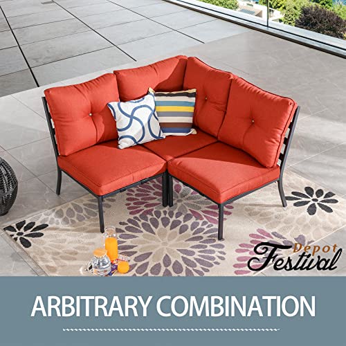 Festival Depot 3 Pcs Patio Conversation Set Sectional Sofa Chair Outdoor Furniture All-Weather Bistro Set with 2 Metal Armless Chair and 1 Corner Chair for Garden Pool Porch Deck Backyard (Red)