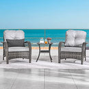 Festival Depot 3 Pieces Patio Bistro Set PE Wicker Armchairs Set of 2 with Tempered Glass Top Side Table Outdoor Furniture Conversation Set (Brown Wicker, Grey Cushion)