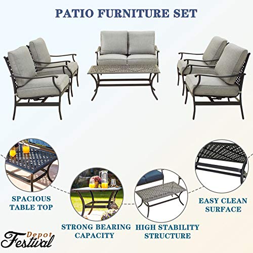 Festival Depot 4Pcs Outdoor Furniture Patio Conversation Set All Weather Black Metal Armchair Loveseat with Seat and Back Cushions, 3-Seating Chair, Rectangle Coffee Tables for Deck Lawn Garden