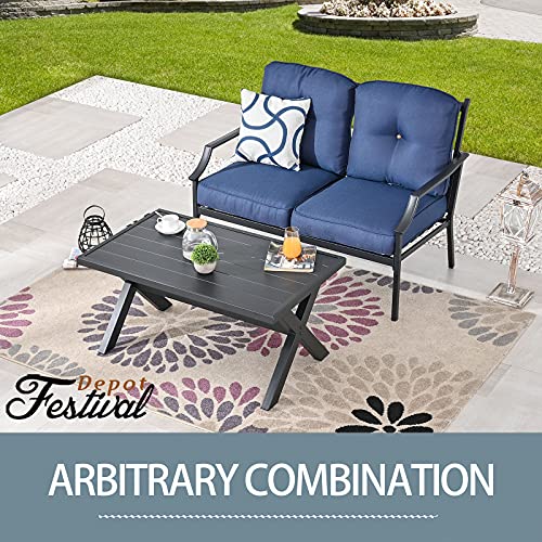 Festival Depot 2 pc Conversation Set Outdoor Patio Loveseat with Seat and Back Thick Cushions and Coffee Table Metal Furniture for Garden Bistro