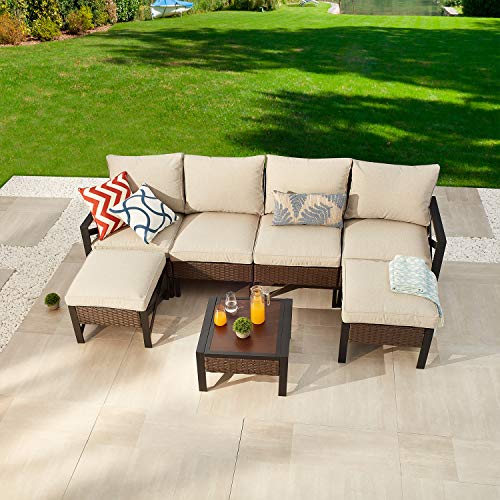 Festival Depot 7 Pieces Patio Outdoor Furniture Conversation Set Sectional Sofa with All-Weather Brown PE Rattan Wicker Back Chair, Coffee Table, Ottoman and Thick Soft Removable Couch Cushions