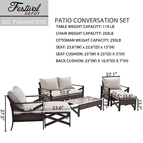 Festival Depot 7 Pcs Patio Outdoor Furniture Loveseat Conversation Set Sectional Sofa with All-Weather Brown Wicker Back Chair, Coffee Table, Ottoman and Removable Couch Cushions