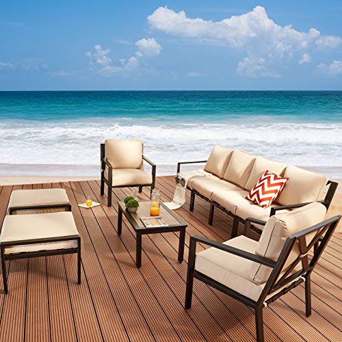 Festival Depot 9-Pieces Patio Outdoor Furniture Conversation Sets Loveseat Sectional Sofa, All-Weather Black X Slatted Back Armchair with Coffee Table and Thick Removable Couch Cushions (Beige)