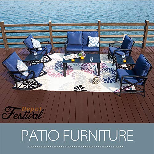 Festival Depot Outdoor Furniture Patio Conversation Set Metal Bistro Table Coffee Table Loveseat Armchairs with Seat and Back Cushions Without Pillows for Lawn Beach Backyard Pool