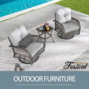 Festival Depot 3 Pieces Patio Bistro Set PE Wicker 360-Degree Swivel Chairs Set of 2 with Tempered Glass Top Side Table Outdoor Furniture Conversation Set (Brown Wicker, Grey Cushion)