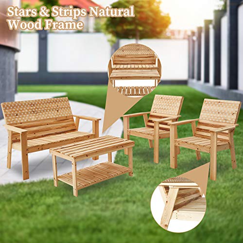 Festival Depot 4 Pieces Patio Furniture Outdoor Conversation Set Wood Armrest Loveseat Lounge Chair Stars and Strips Printing Dining Coffee Side Table