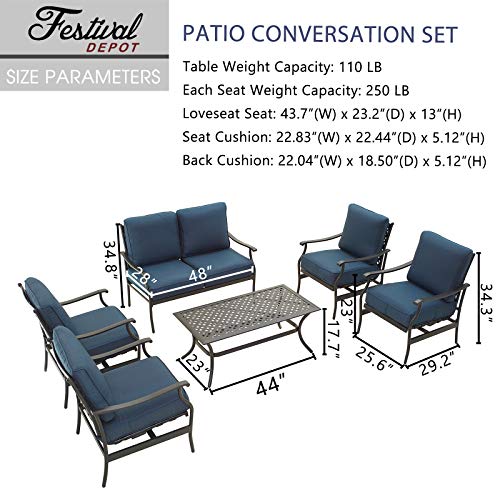 Festival Depot 4Pcs Outdoor Furniture Patio Conversation Set All Weather Black Metal Armchair Loveseat with Seat and Back Cushions, 3-Seating Chair, Rectangle Coffee Tables for Deck Lawn Garden