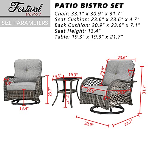 Festival Depot 3 Pieces Patio Bistro Set PE Wicker 360-Degree Swivel Chairs Set of 2 with Tempered Glass Top Side Table Outdoor Furniture Conversation Set (Brown Wicker, Grey Cushion)