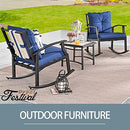 Festival Depot 3-Piece Patio Bistro Set Conversation Set Rocking Chair Set with Side Coffee Table Outdoor Furniture with Hand-Woven Textilene Rope Backrest (Black Metal Frame with Blue Cushion)