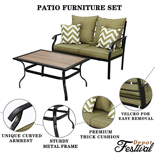 Festival Depot 2 Pieces Patio Set Loveseat with Seat Back Cushions and Pillows and Coffee Table Outdoor Furniture Metal Conversation Set for Garden Backyard Porch