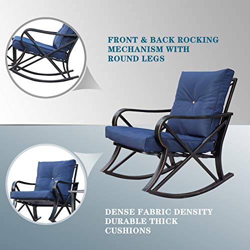 Festival Depot 3-Piece Patio Outdoor Rocking Chairs Wicker Rattan Bistro Furniture Conversation Sets with Coffee Table and Thick Blue Cushions for Porch Lawn Garden Balcony Pool Backyard